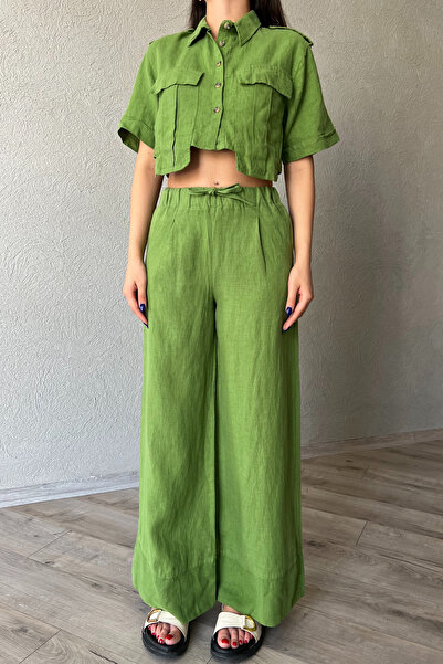 Seda Yalçın Atelier Premium Linen Green Trousers - Elastic Waist