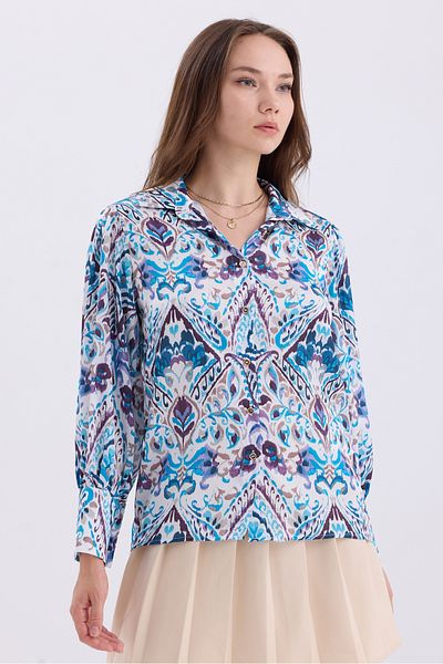 MD trend Cămașă oversize din satin cu model etnic - Detaliu cu mâneci cu balon și umeri
