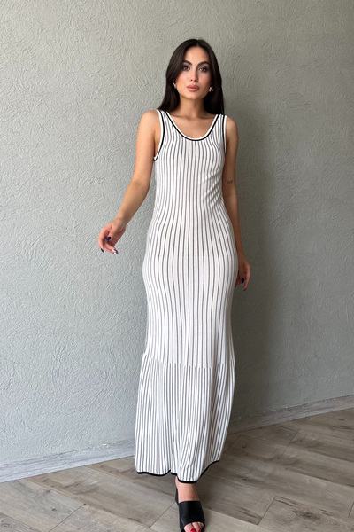 Seda Yalçın Atelier Ecru Vertical Striped Thick Strap Knitted Dress
