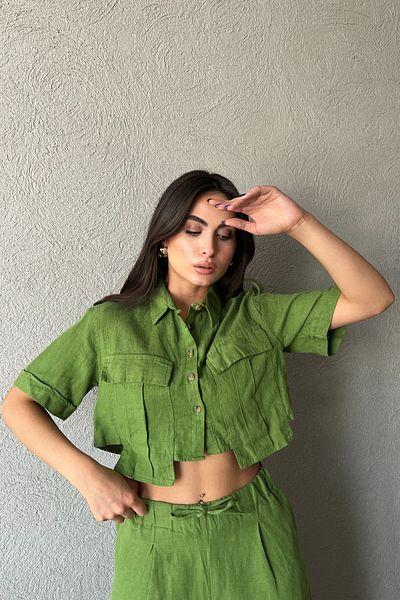 Seda Yalçın Atelier Premium Linen Green Crop Shirt