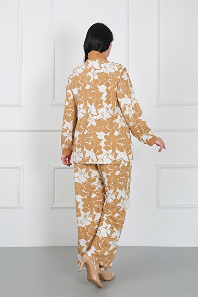 By Alba Collection Дамски комплект от 3 части, плетена риза, блуза и панталон, цвят горчица и ликра