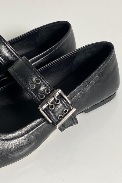 5in1Canpolat Square Toe Black Ballerinas - With Buckle