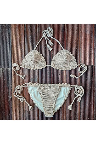 NevRa Örgüleri El Örgüsü Tığ Örgü Bikini Takımı Astarlı Krem Deve Tüyü