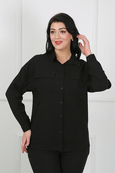 By Alba Collection Cămașă de damă, neagră, din material Rita, cu buzunar dublu, mărime mare