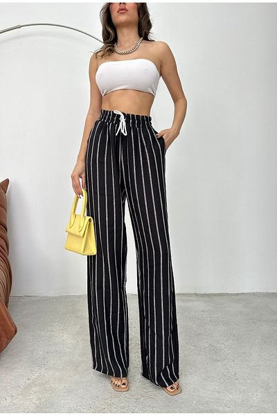 Know Black Striped Wide Leg Elastic Waist Denim Look Trousers