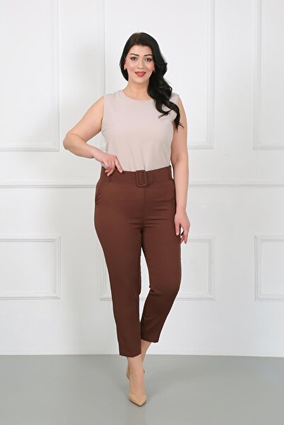 By Alba Collection Women's Brown Thick Belted Dumbbell Plus Size Trousers