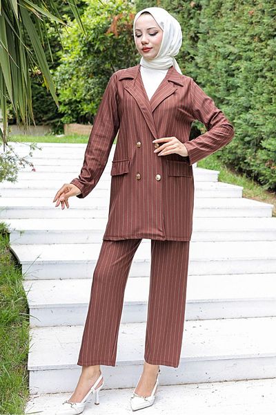 Bestenur Σετ 928 Model Striped Jacket and Pants - Καφέ