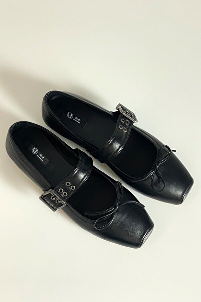 5in1Canpolat Square Toe Black Ballerinas - With Buckle