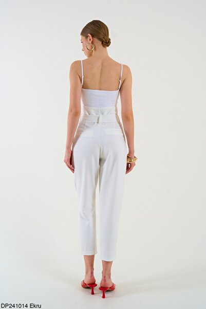 Liora Ecru Women's Trousers - High Waist and Belted