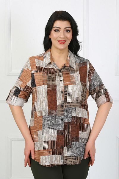 By Alba Collection Дамска памучна вискозна риза с кафяви шарки с голям размер
