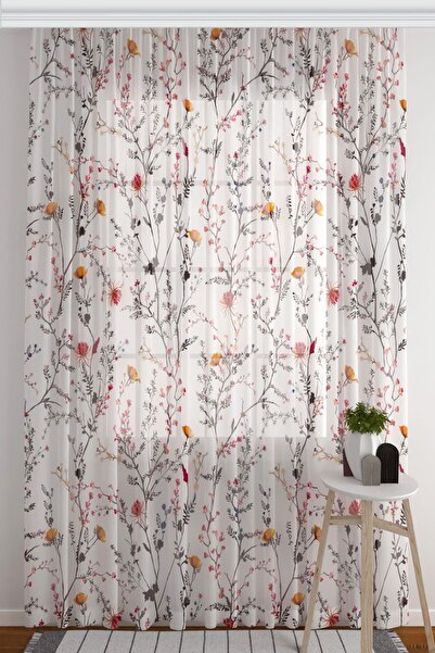 ZÜPER TEKSTİL Tül Perde Beyaz Zemin Renkli Çiçekler Ve Dallar Salon & Oturma ...