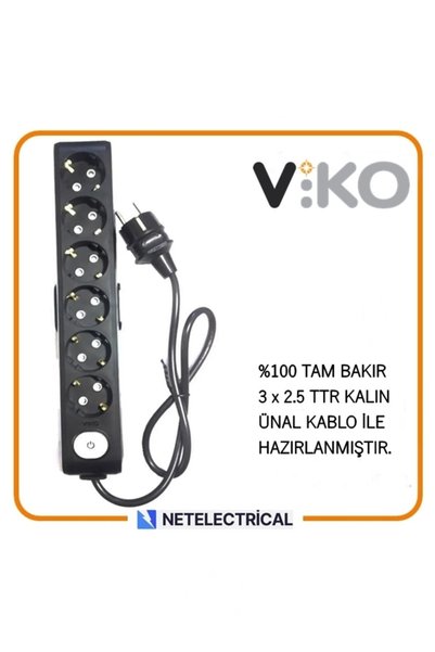 VİKO Multi-let Siyah 6'lı 10 Metre Anahtarlı Topraklı Ç K. Grup Priz (3x2.5 TTR TAM BAKIR KALIN KABLOLU)