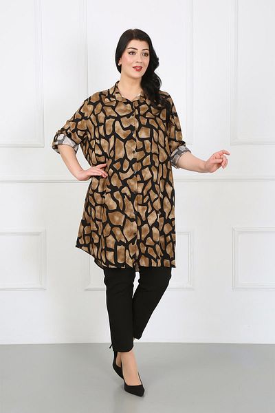By Alba Collection Plus Size Women's Tunic - Tan Patterned, Cotton Viscose