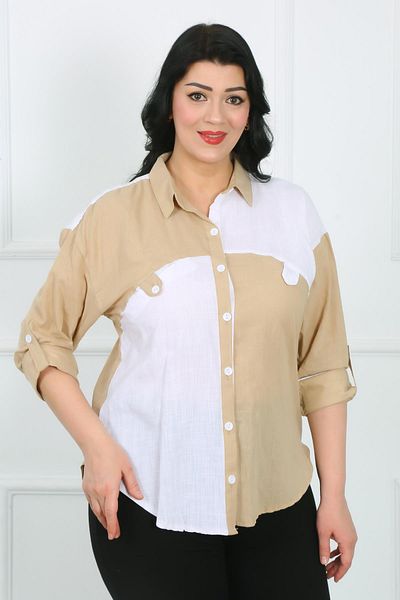 By Alba Collection Дамска риза за големи размери - бяла ленена норка