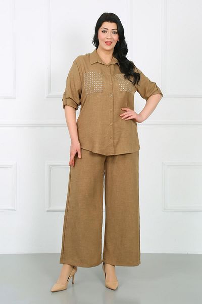 By Alba Collection Γυναικείο πουκάμισο σε ανοιχτό καφέ πέτρινο Λεπτομερές μαλακό λινό μεγάλο μέγεθος