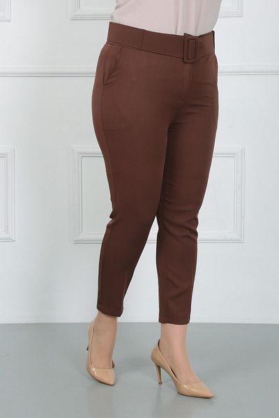 By Alba Collection Women's Brown Thick Belted Dumbbell Plus Size Trousers