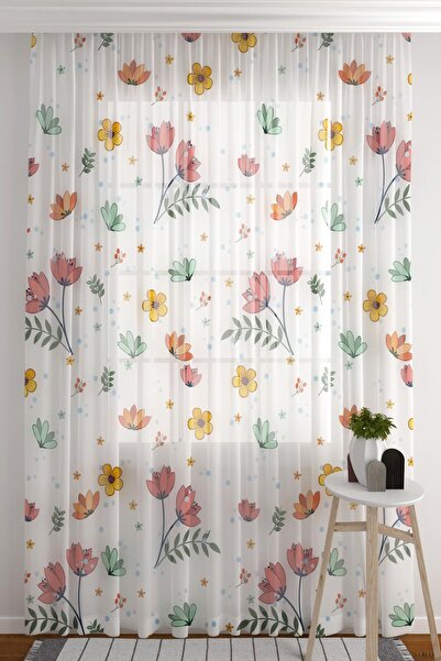 ZÜPER TEKSTİL Tül Perde Beyaz Zemin Renkli Çiçekler Salon & Oturma Odası Tül ...