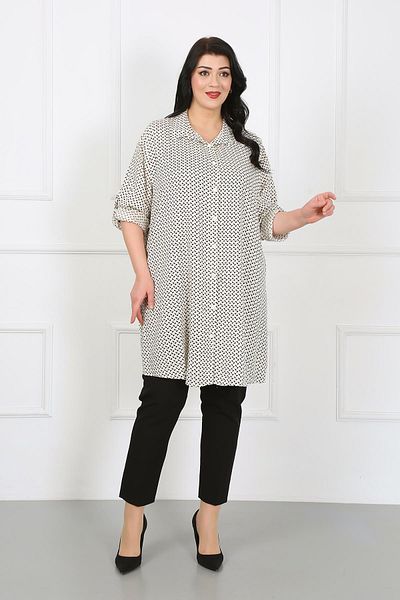 By Alba Collection Women's White Patterned Cotton Viscose Large Size Tunic