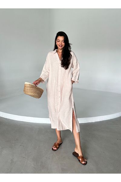 Laluvia Rochie de in bej - 100% in, cu nasturi la gat