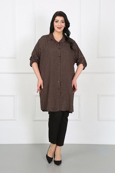 By Alba Collection Plus Size Women's Tunic - Tan Patterned, Cotton Viscose