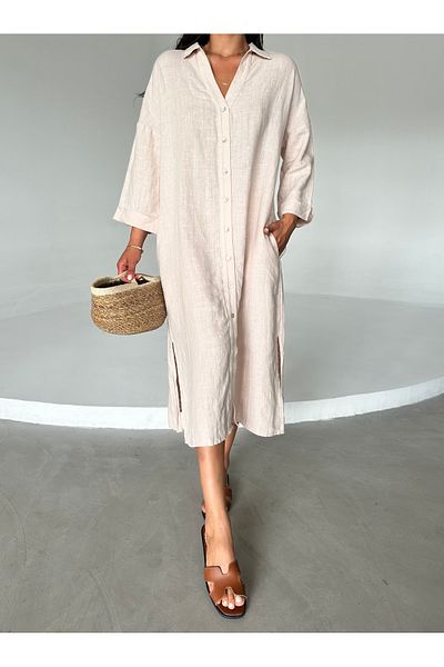 Laluvia Rochie de in bej - 100% in, cu nasturi la gat