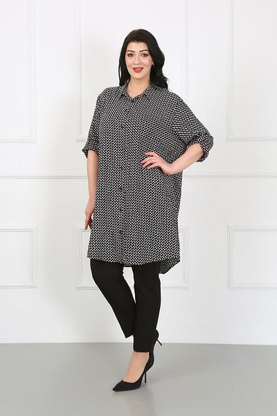 By Alba Collection Plus Size Black Patterned Cotton Viscose Tunic