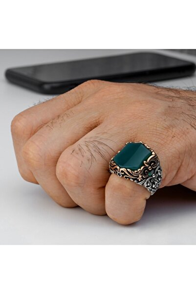 RevSilver 925 Ayar Gümüş Yeşil Akik Taşı Doğal Taşı El Işlemeli Şık Tasarım E...