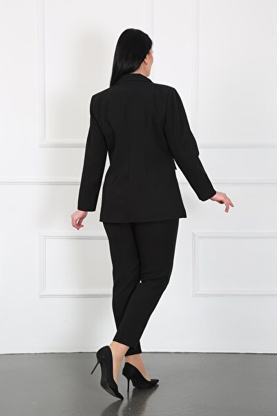 By Alba Collection Women's Black Elastic Waist Dumbbell Fabric Plus Size Trousers