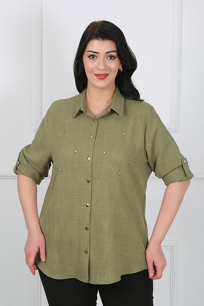 By Alba Collection Women's Khaki Jewelled Soft Linen Plus Size Shirt