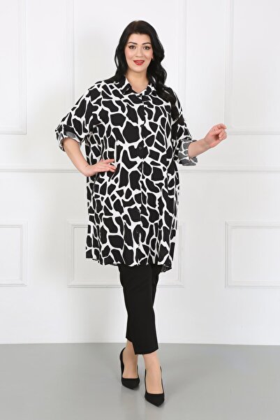 By Alba Collection Women's White Patterned Cotton Viscose Large Size Tunic