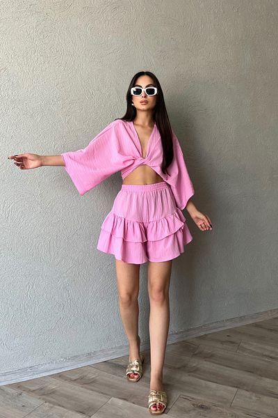 Seda Yalçın Atelier Pink Mikonos Crop Top and Frilly Skirt Set