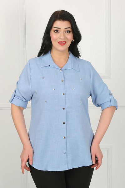 By Alba Collection Γυναικείο πουκάμισο Indigo Stoned Soft Linen Plus Size