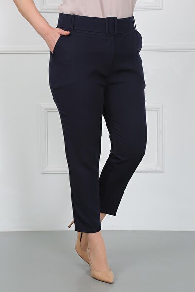 By Alba Collection Women's Navy Blue Thick Belted Dumbbell Large Size Pants