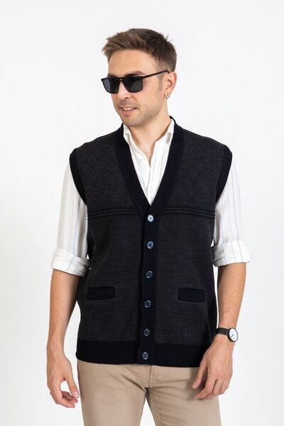 Mutlu City Men's Middle Age and Above Knitwear Knitted Acrylic Winter Diamond Patterned Dad Buttoned Vest 2071-2 Navy Blue
