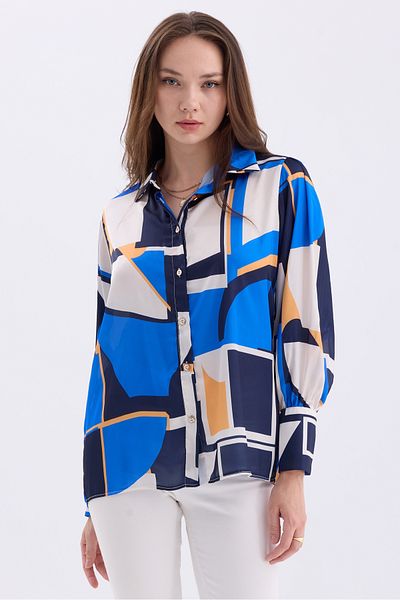 MD trend Cămașă de damă din satin supradimensionat cu modele geometrice - Detaliu cu mânecă cu balon și pe umeri