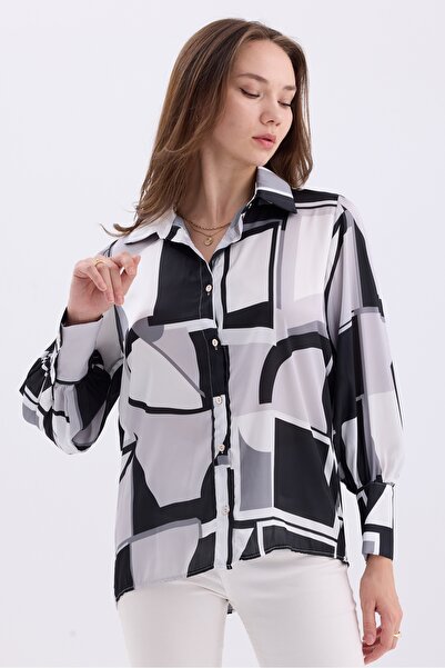 MD trend Geometric Patterned Oversize Satin Women's Shirt - Balloon Sleeve and Shoulder Shir Detail