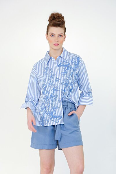 BİZE Çizgi Baskılı Gömlek - Mavi