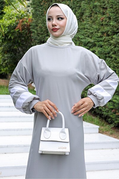 Bestenur Γκρι ριγέ φόρεμα με μπαλόνι - 726