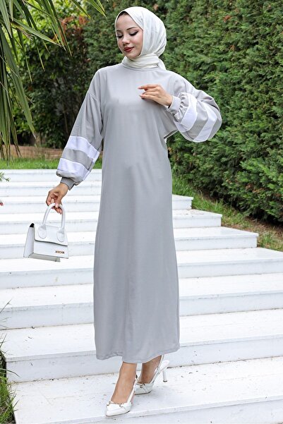 Bestenur Γκρι ριγέ φόρεμα με μπαλόνι - 726