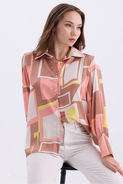 MD trend Cămașă de damă din satin supradimensionat cu model geometric - Detaliu cu mânecă cu balon și pe umeri