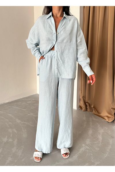 Laluvia Leinen-Set aus Hemd und Hose – Blau mit Klammerdetail auf der Rückseite