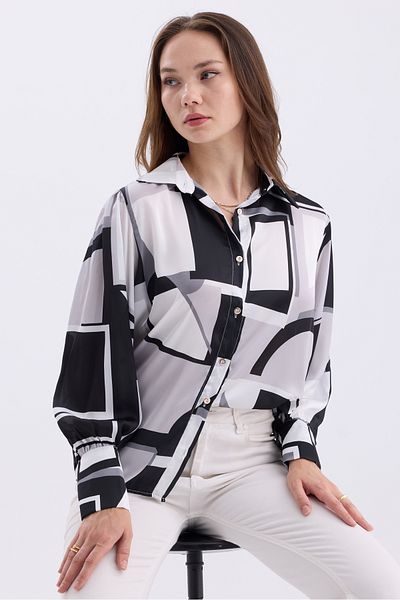 MD trend Cămașă de damă din satin supradimensionat cu modele geometrice - Detaliu cu mânecă cu balon și pe umeri