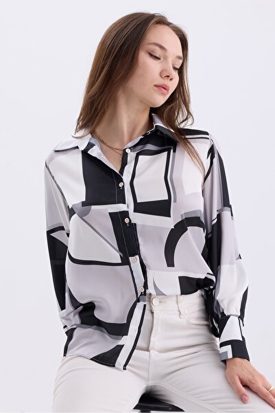 MD trend Geometric Patterned Oversize Satin Women's Shirt - Balloon Sleeve and Shoulder Shir Detail