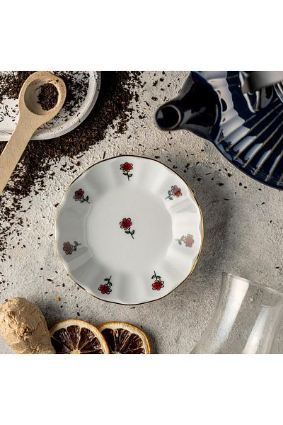 AYBABA STORE 6-Piece 11 CM Red Floral Patterned Porcelain Tea Plate