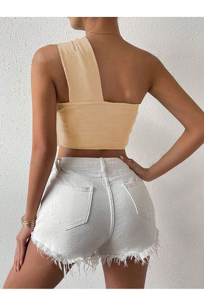 Trendseninle Μπεζ Single Shoulder Twisted Crop