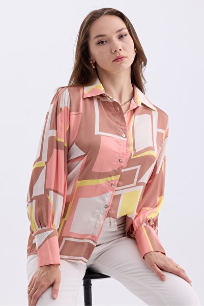 MD trend Geometric Patterned Oversize Satin Women's Shirt - Balloon Sleeve and Shoulder Shir Detail
