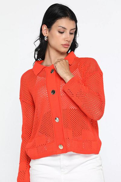 GÜLSELİ Orange Gold Button Detailed Openwork Women's Knitwear Cardigan