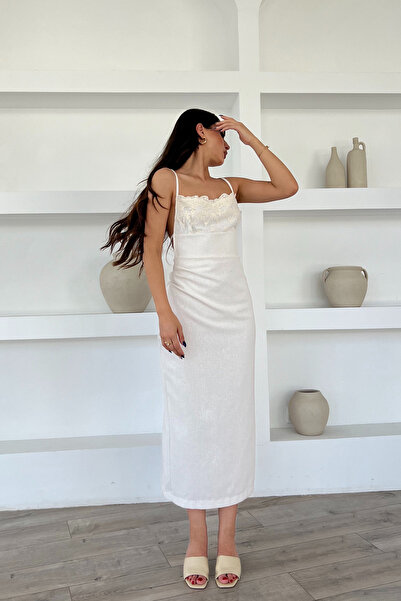 Seda Yalçın Atelier Λινό Φόρεμα - Φυσικό Δαντελένιο Λαιμόκοψη και Λεπτομέρεια Πλάτης