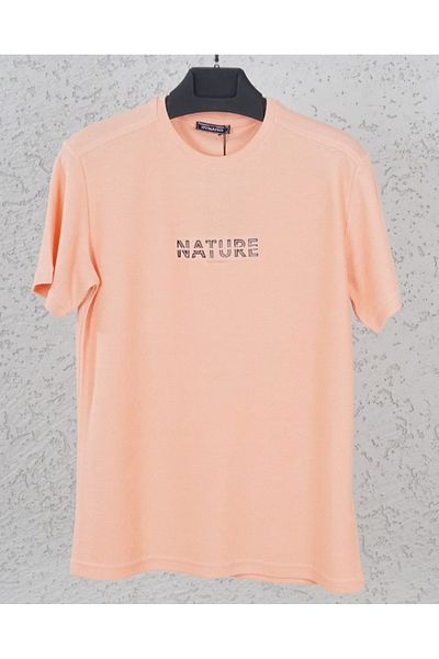 DYNAMO Men's Salmon Color Crew Neck Nature Embossed T-Shirt