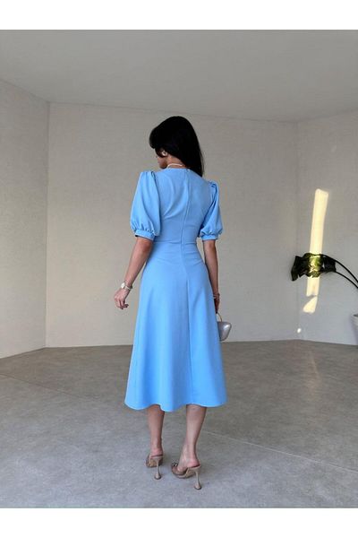 Afiş Butik Rochie midi pentru Bebeluş cu Nasturi Perle Albastre - Jumătate Mânecă